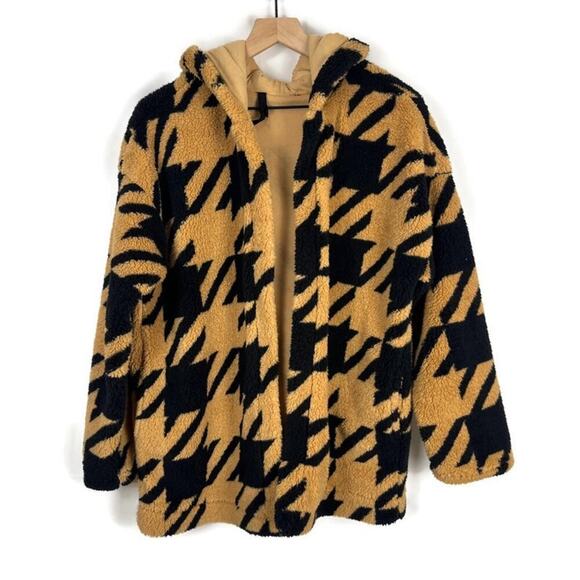 Houndstooth Teddy Bear Hooded Jacket | Open Front | Tan & Black Women's L - Picture 1 of 5